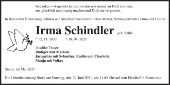 Traueranzeige von Irma Schindler (geb. Zähle)  von Magdeburger Volksstimme