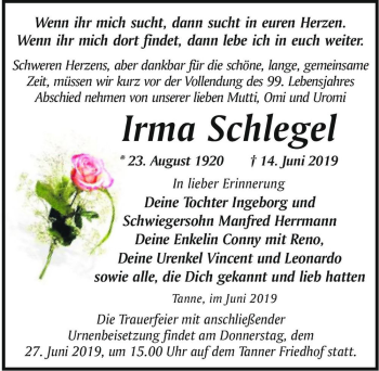 Traueranzeige von Irma Schlegel  von Magdeburger Volksstimme