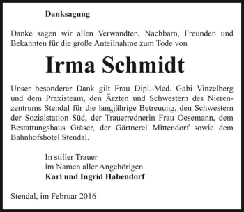 Traueranzeige von Irma Schmidt  von Magdeburger Volksstimme