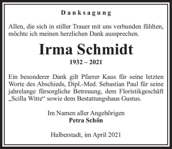 Traueranzeige von Irma Schmidt  von Magdeburger Volksstimme