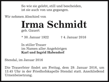 Traueranzeige von Irma Schmidt (geb. Gauert)  von Magdeburger Volksstimme