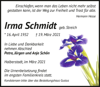 Traueranzeige von Irma Schmidt (geb. Streich)  von Magdeburger Volksstimme