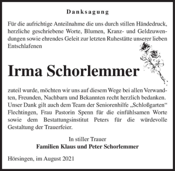 Traueranzeige von Irma Schorlemmer  von Magdeburger Volksstimme
