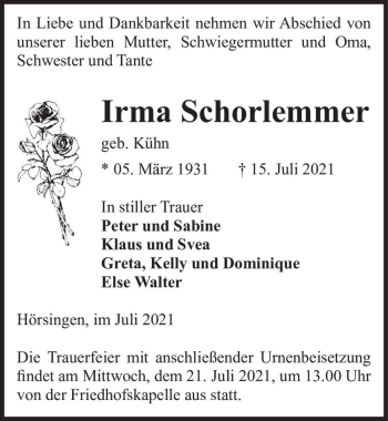 Traueranzeige von Irma Schorlemmer (geb. Kühn)  von Magdeburger Volksstimme