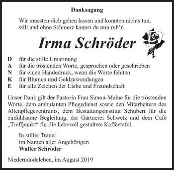 Traueranzeige von Irma Schröder  von Magdeburger Volksstimme