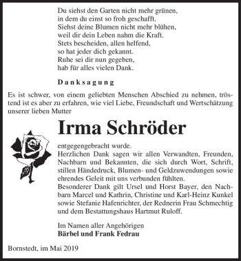 Traueranzeige von Irma Schröder  von Magdeburger Volksstimme