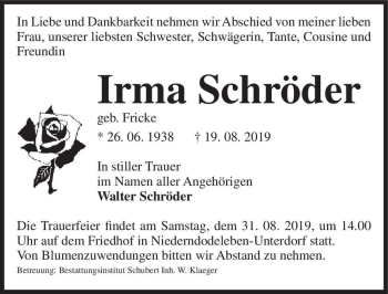 Traueranzeige von Irma Schröder (geb. Fricke)  von Magdeburger Volksstimme