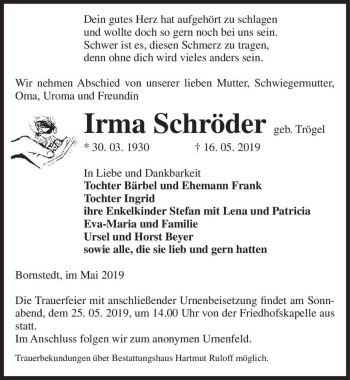 Traueranzeige von Irma Schröder (geb. Trögel)  von Magdeburger Volksstimme