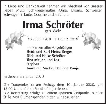 Traueranzeige von Irma Schröter (geb. Welz)  von Magdeburger Volksstimme