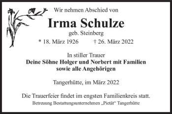 Traueranzeige von Irma Schulze (geb. Steinberg)  von Magdeburger Volksstimme