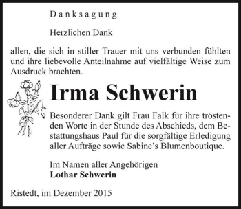Traueranzeige von Irma Schwerin  von Magdeburger Volksstimme
