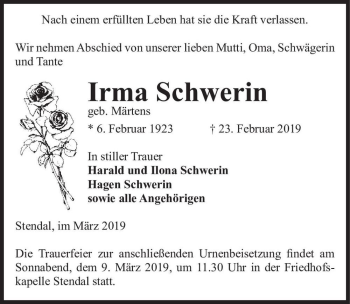 Traueranzeige von Irma Schwerin (geb. Märtens)  von Magdeburger Volksstimme
