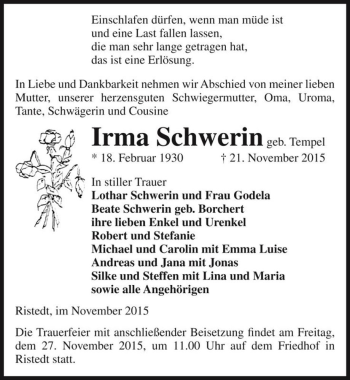 Traueranzeige von Irma Schwerin (geb. Tempel)  von Magdeburger Volksstimme
