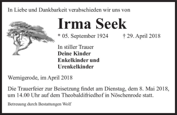Traueranzeige von Irma Seek  von Magdeburger Volksstimme