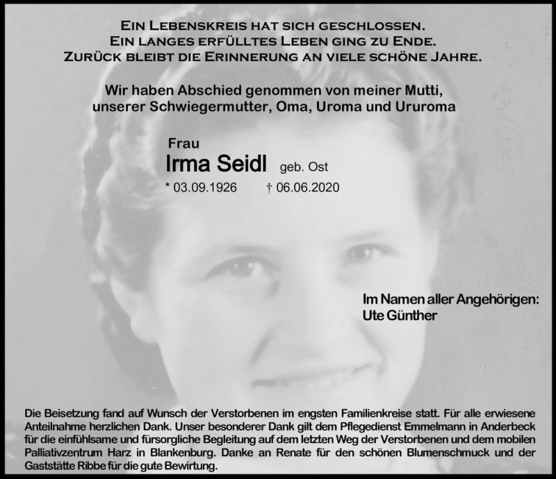  Traueranzeige für Irma Seidl (geb. Ost)  vom 27.06.2020 aus Magdeburger Volksstimme