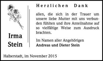Traueranzeige von Irma Stein  von Magdeburger Volksstimme