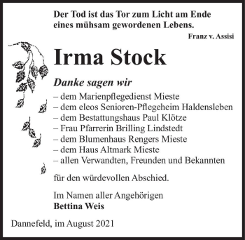 Traueranzeige von Irma Stock  von Magdeburger Volksstimme
