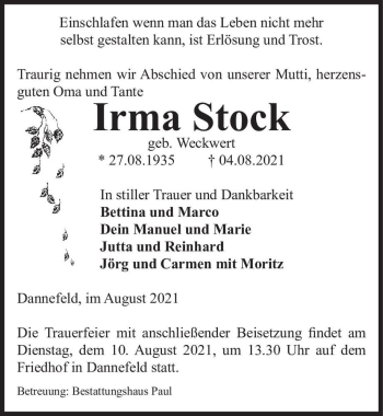Traueranzeige von Irma Stock (geb. Weckwert)  von Magdeburger Volksstimme