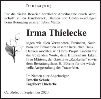 Traueranzeige von Irma Thielecke  von Magdeburger Volksstimme