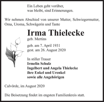 Traueranzeige von Irma Thielecke (geb. Mertins)  von Magdeburger Volksstimme
