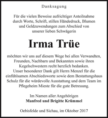 Traueranzeige von Irma Trüe  von Magdeburger Volksstimme