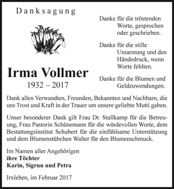 Traueranzeige von Irma Vollmer  von Magdeburger Volksstimme