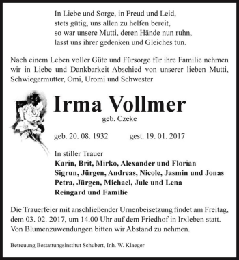 Traueranzeige von Irma Vollmer (geb. Czeke)  von Magdeburger Volksstimme