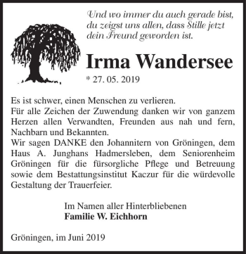 Traueranzeige von Irma Wandersee  von Magdeburger Volksstimme