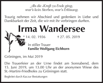 Traueranzeige von Irma Wandersee  von Magdeburger Volksstimme