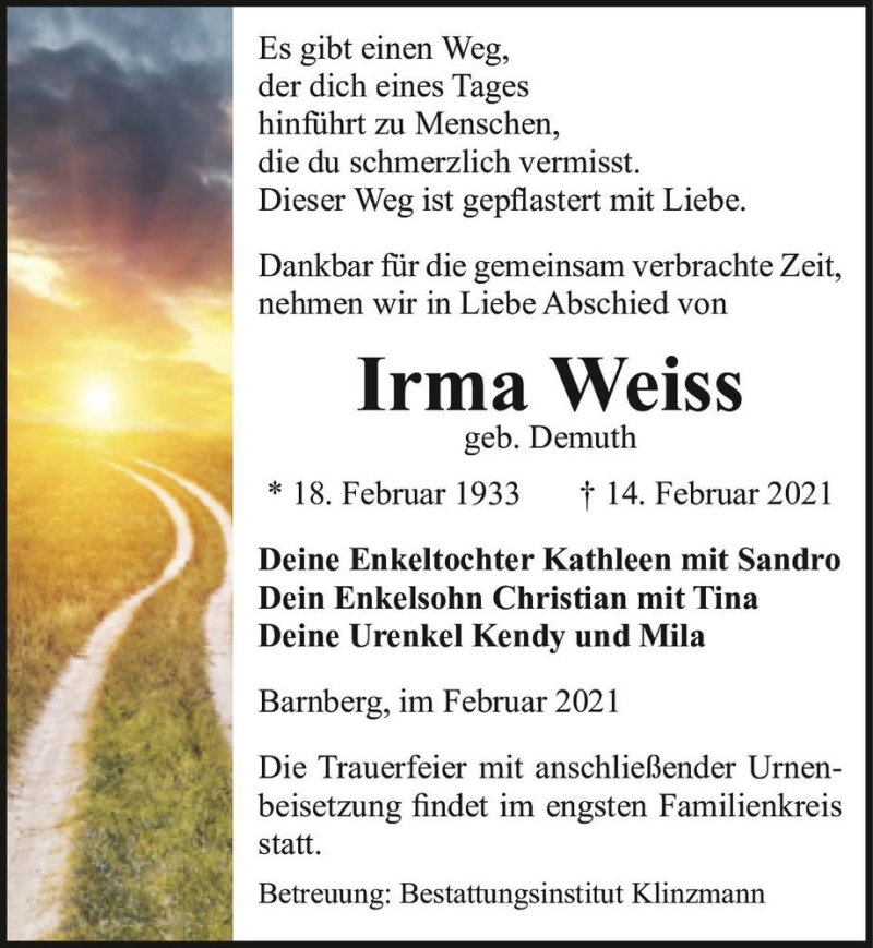  Traueranzeige für Irma Weiss (geb. Dermuth)  vom 20.02.2021 aus Magdeburger Volksstimme
