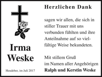 Traueranzeige von Irma Weske  von Magdeburger Volksstimme