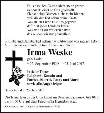 Traueranzeige von Irma Weske (geb. Löder)  von Magdeburger Volksstimme