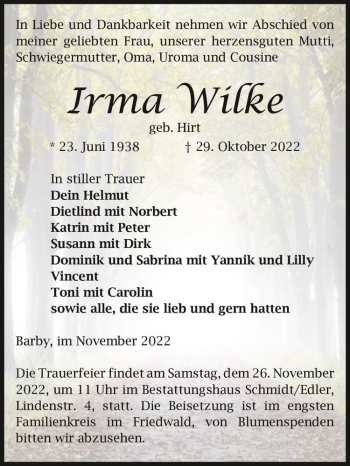 Traueranzeige von Irma Wilke (geb. Hirt)  von Magdeburger Volksstimme