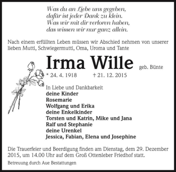 Traueranzeige von Irma Wille (geb. Bünte)  von Magdeburger Volksstimme