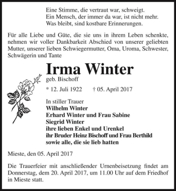 Traueranzeige von Irma Winter (geb. Bischoff)  von Magdeburger Volksstimme