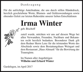 Traueranzeige von Irma Winter (geb. Bischoff)  von Magdeburger Volksstimme
