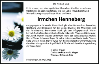 Traueranzeige von Irmchen Henneberg  von Magdeburger Volksstimme