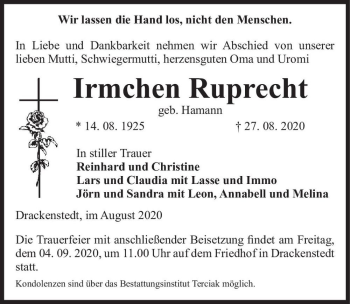 Traueranzeige von Irmchen Ruprecht (geb. Hamann)  von Magdeburger Volksstimme