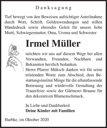 Traueranzeige von Irmel Müller  von Magdeburger Volksstimme