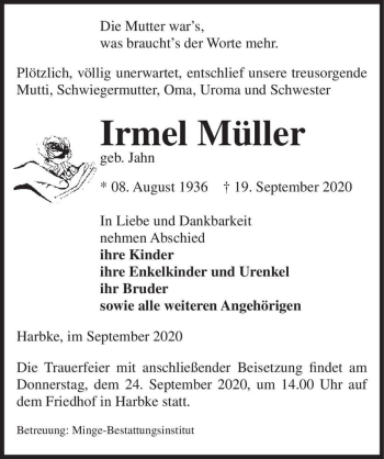 Traueranzeige von Irmel Müller (geb. Jahn)  von Magdeburger Volksstimme