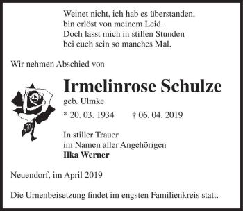 Traueranzeige von Irmelinrose Schulze (geb. Ulmke)  von Magdeburger Volksstimme