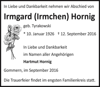 Traueranzeige von Irmgard (Irmchen) Hornig (geb. Tyrakowski)  von Magdeburger Volksstimme
