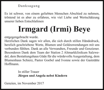 Traueranzeige von Irmgard (Irmy) Beye  von Magdeburger Volksstimme