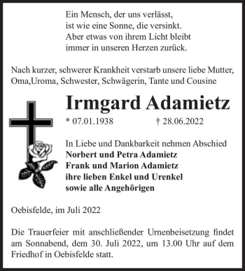 Traueranzeige von Irmgard Adamietz  von Magdeburger Volksstimme