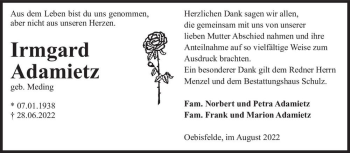 Traueranzeige von Irmgard Adamietz (geb. Meding)  von Magdeburger Volksstimme