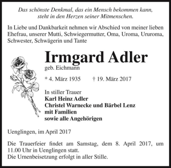 Traueranzeige von Irmgard Adler (geb. Eichmann)  von Magdeburger Volksstimme