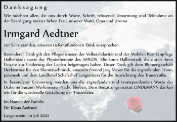 Traueranzeige von Irmgard Aedtner  von Magdeburger Volksstimme