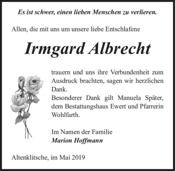 Traueranzeige von Irmgard Albrecht  von Magdeburger Volksstimme