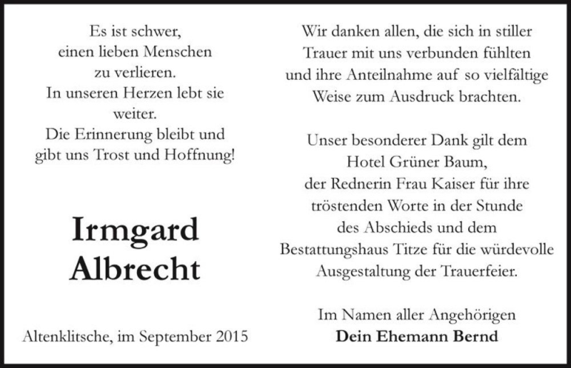  Traueranzeige für Irmgard Albrecht  vom 05.09.2015 aus Magdeburger Volksstimme