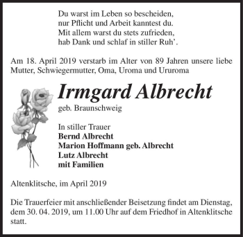 Traueranzeige von Irmgard Albrecht  von Magdeburger Volksstimme